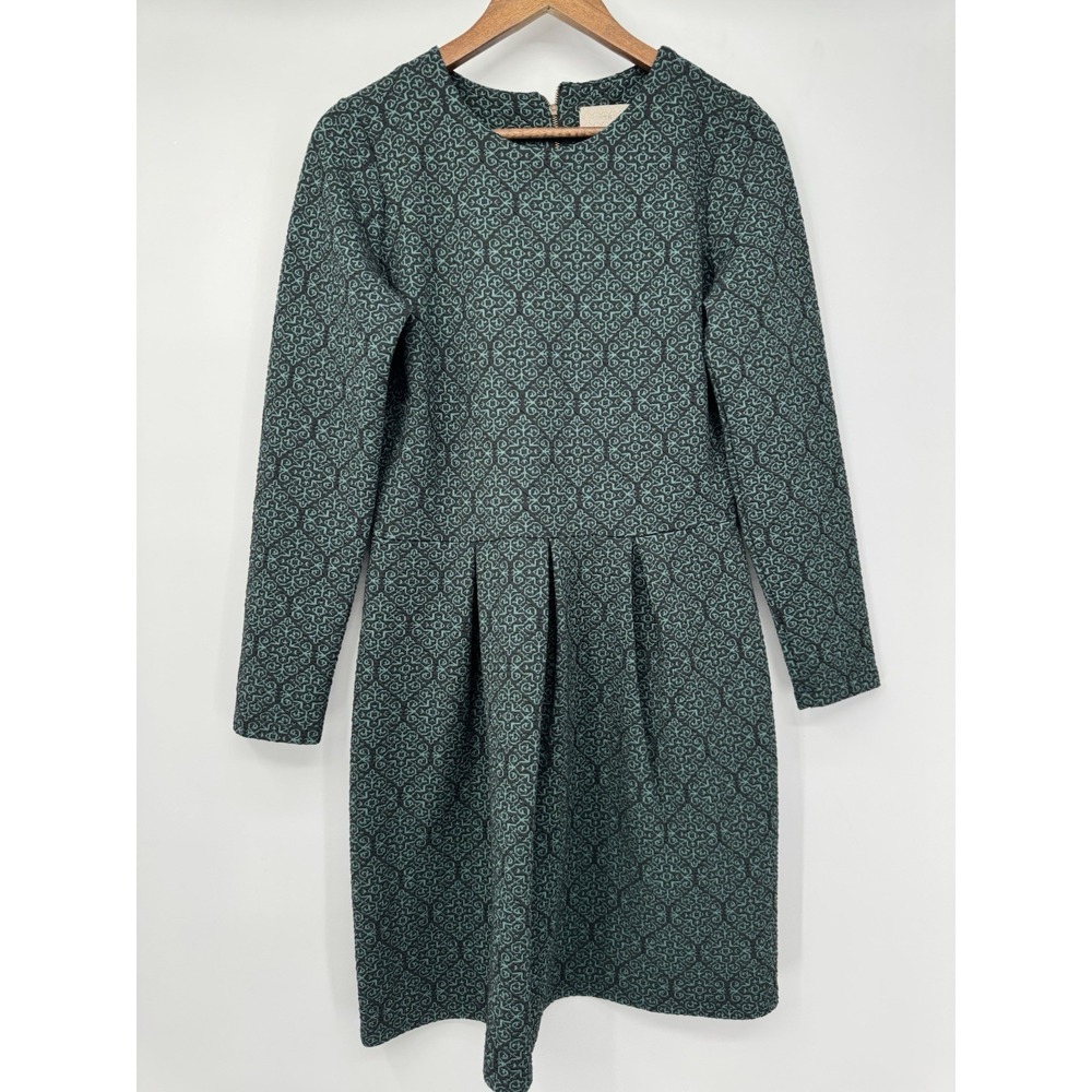 Anthropologie Trucco Dress EU 42 Fit‎ and Flare Green Pattern Zipper Stretch